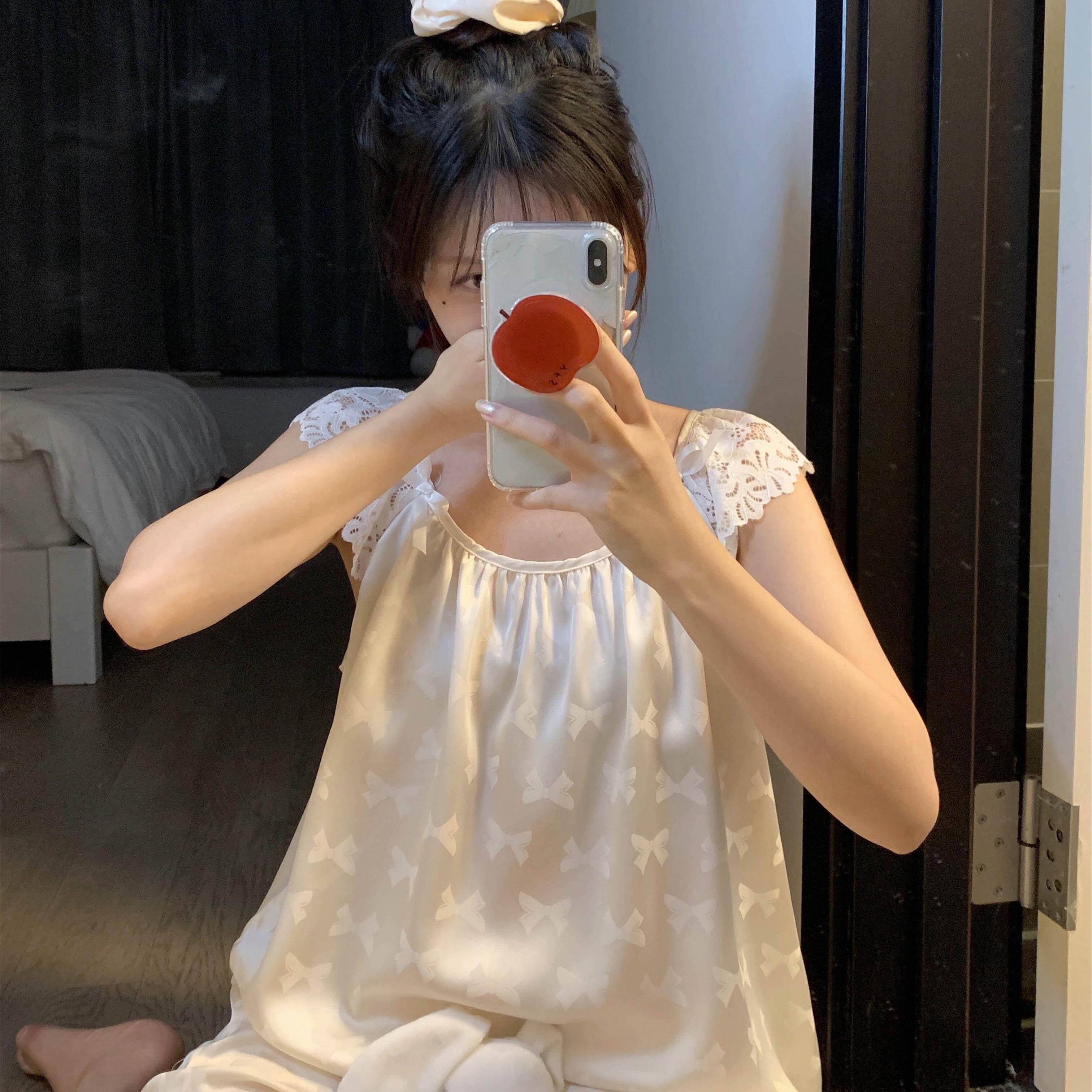 少女蕾丝花边冰丝睡衣女夏季2025新款仿真丝家居服套装夏天可外穿