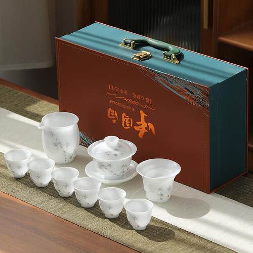 羊脂玉白瓷功夫茶具套组家用办公泡茶壶盖碗茶杯陶瓷高档轻奢送礼