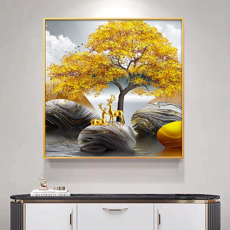 招财发财树正方形装饰画客餐饭厅摇钱树挂画高档酒店玄关过道壁画图片