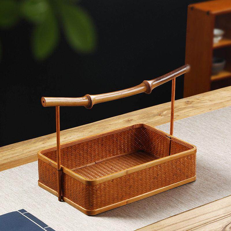 手工竹编大漆提篮中式覆古茶具收纳筐家用圆形水果篮点心篮整理筐,特色手工艺,竹编/竹雕,淘宝优惠券,粉丝福利购,淘宝优惠卷