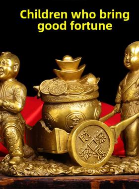 纯黄铜运财童子推车 挑财送财摆件 招财招贵人家居装饰开业礼品