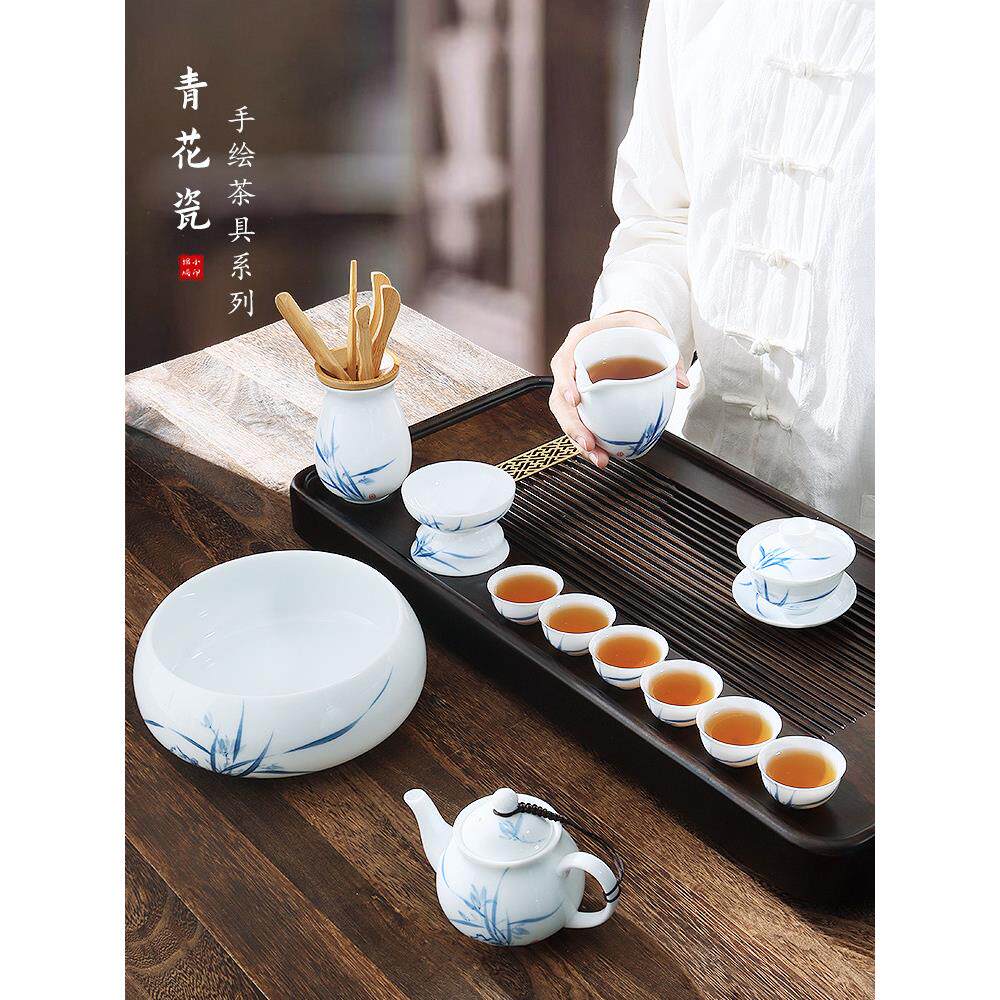 手绘兰花羊脂玉白瓷功夫茶具整套装家用现代简约会客茶壶茶杯盖碗