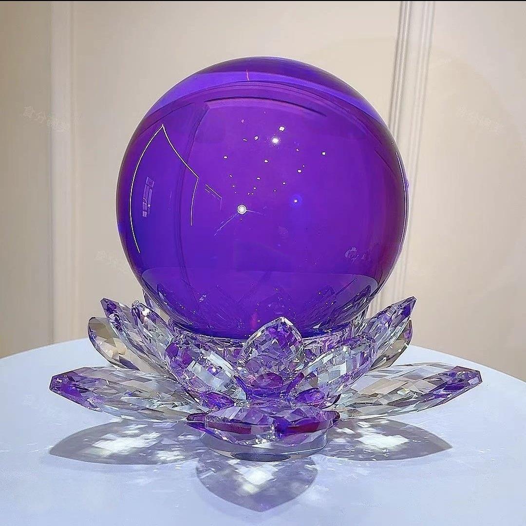 轻奢高档紫色旋转莲花+水晶球摆件开业乔迁礼品玄关装饰品