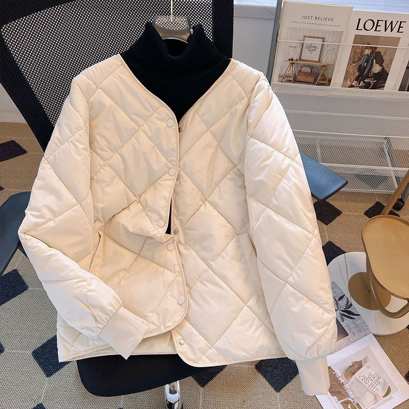 韩版羽绒棉服女短款2024秋冬新款圆领菱形小个子减龄轻薄棉袄外套