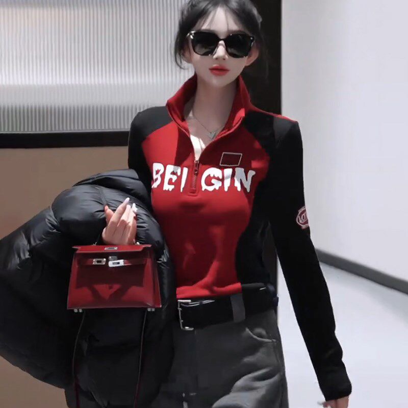 时尚拼色立领长袖t恤女春秋冬季新款韩版正肩修身显瘦打底衫上衣
