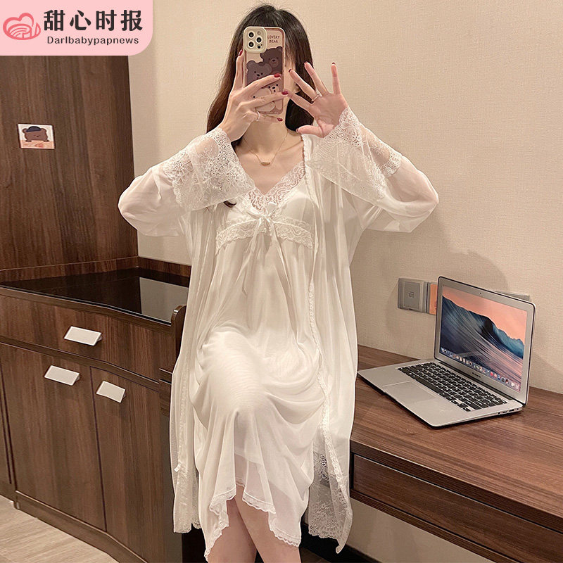很仙的睡衣女春秋季长袖网纱睡袍纯棉夏季家居服胸垫吊带睡裙白色