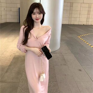 甜辣纯欲风休闲气质连衣裙女春秋韩版慵懒风宽松连帽中长款t恤裙