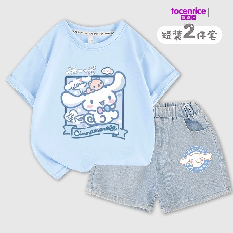 日系新款玉桂狗衣服女童t恤牛仔裤套装大耳狗洋气半袖上衣两件套8