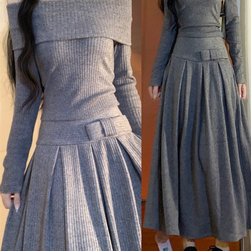 甜辣风纯欲针织套装裙女秋冬新款一字领毛衣配百褶半身裙子两件套