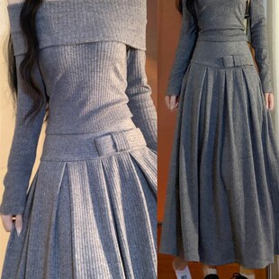 甜辣风纯欲针织套装裙女秋冬新款一字领毛衣配百褶半身裙子两件套