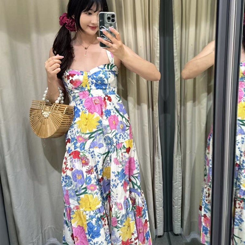 2024新品 ZA女装多巴胺彩色度假碎花收腰吊带连衣裙长裙夏3540271