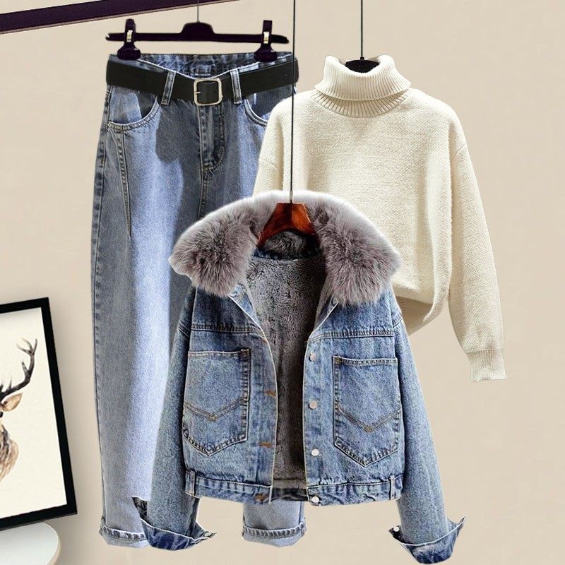 小个子三件套冬季搭配牛仔裤时尚毛衣裤子女装棉服炸街套装女秋冬