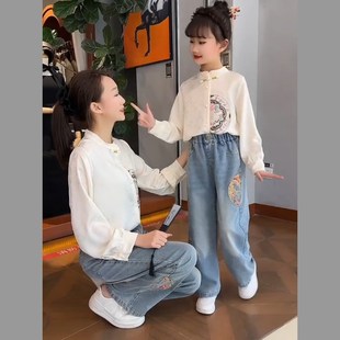 女童新中式套装高级感春秋款2024春装国风网红炸街盘扣衬衣两件套