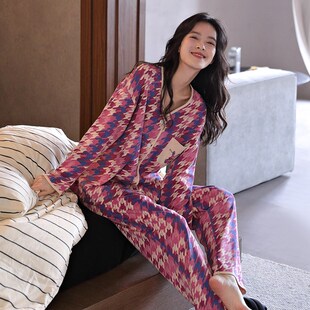 带胸垫睡衣女春秋款冬季长袖纯棉2024年新款一体高级感大码家居服