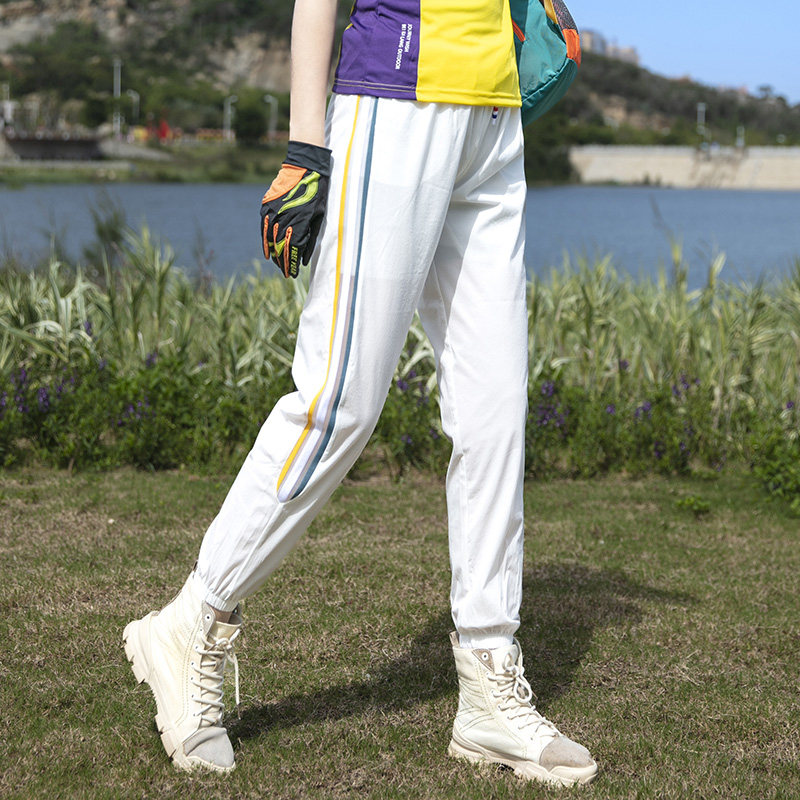 白色冰丝运动裤女夏季薄款条纹小个子裤子速干防晒束脚凉凉防蚊裤