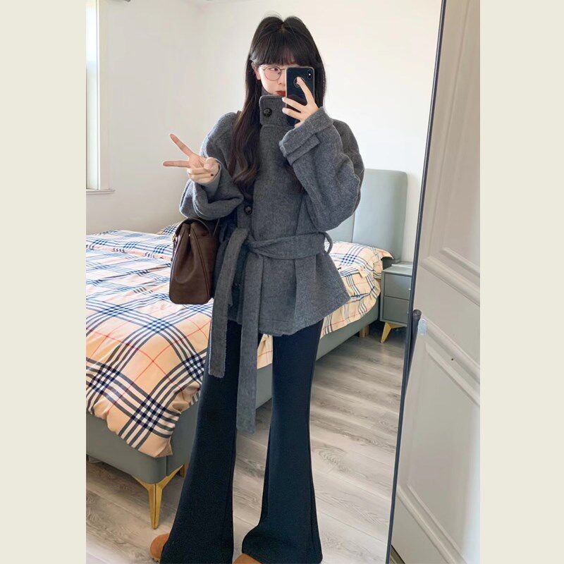 韩系赫本风灰色立领毛呢外套女冬季新款小个子中长款系带呢子大衣