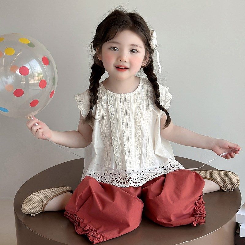 女童花边背心套装夏季2025新款洋气时髦法式娃娃衫宽松牛仔阔腿裤