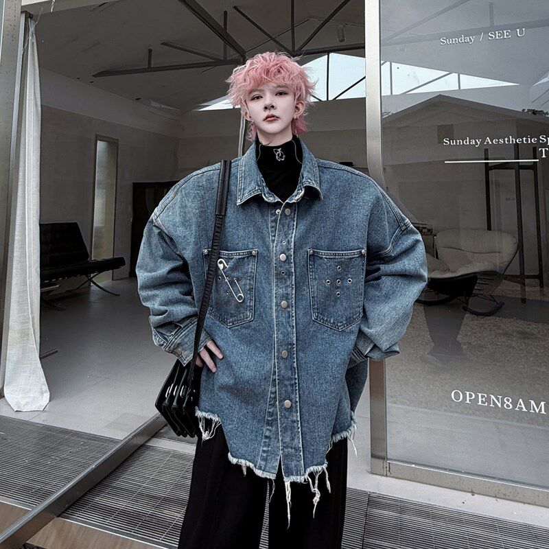 2025春装潮牌金属别针下摆毛边设计感宽松男士牛仔夹克外套高级感