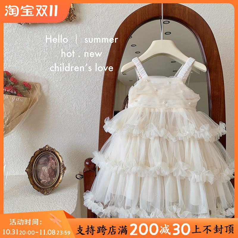 女童吊带裙夏季韩版洋派女孩高级感洋装儿童超仙白色礼服公主裙