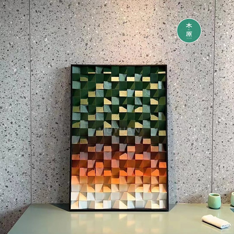 实木彩色渐变色木块装饰画3D客厅玄E关酒店餐厅民宿咖啡厅墙面装图片
