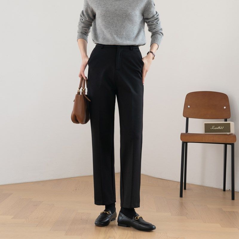 黑色加绒直筒裤女秋冬高腰通勤加厚垂感窄版阔腿休闲上班西装长裤