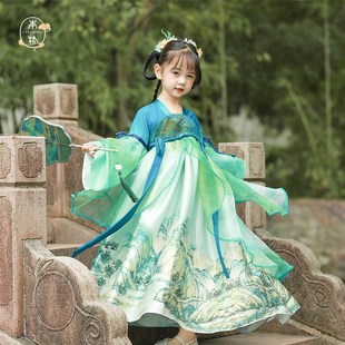 本格儿童汉服女童襦裙女童春秋青绿中国风古风改良超仙齐胸连衣裙