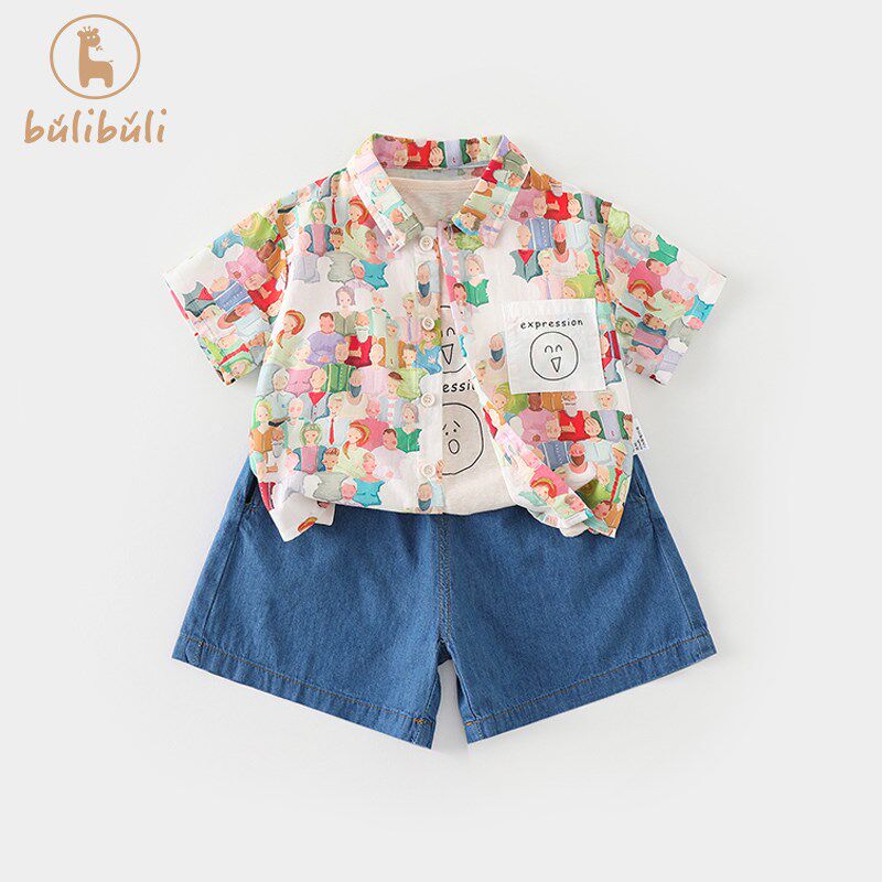 男童套装夏装2025新款洋气男宝宝衬衫背心牛仔短裤夏季衣服三件套