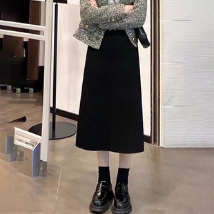 秋冬加绒毛呢半身裙梨形身材胖m中长款 高腰显瘦松紧腰后开叉a字裙