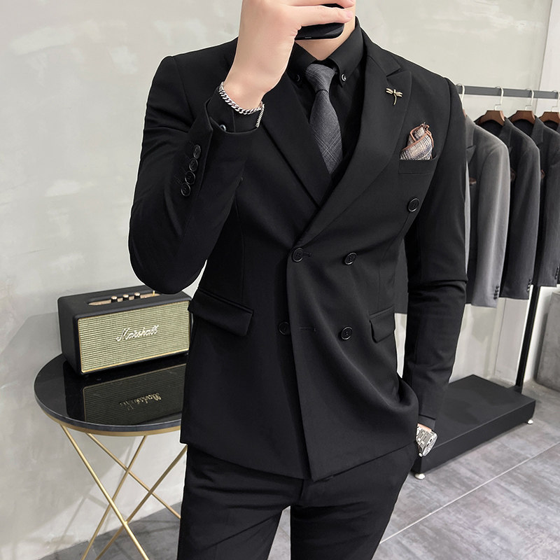 双排扣西装套装男士商务休闲正装修身英伦风帅气西服新郎结婚礼服