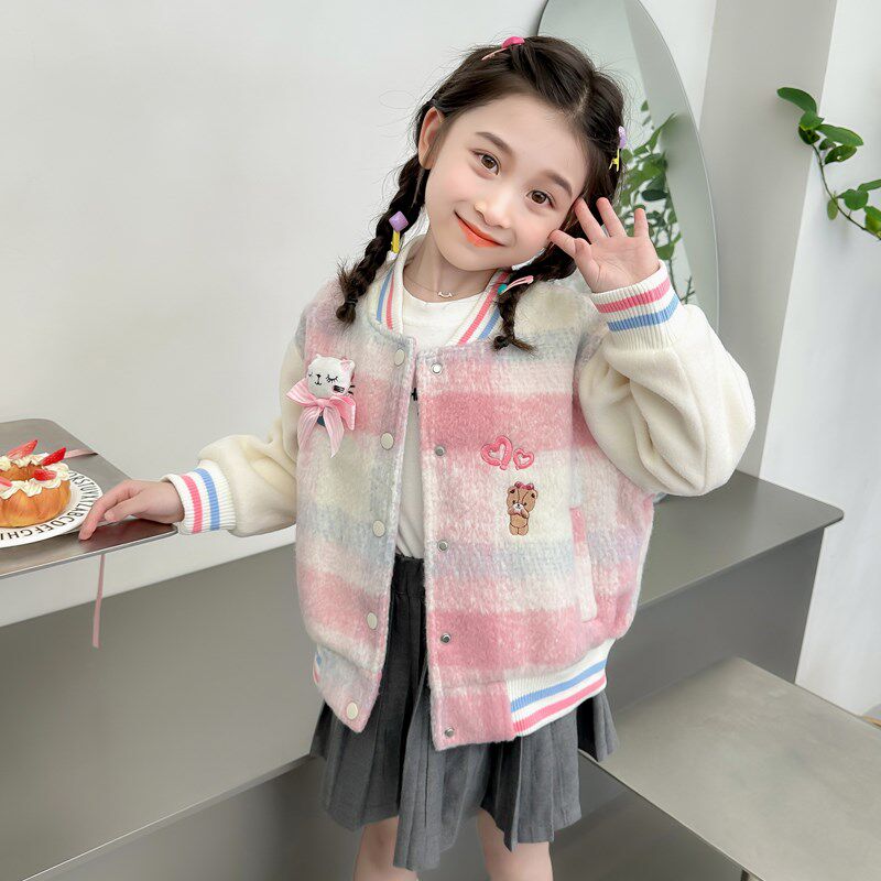 女童呢子外套春秋款2024新款儿童深秋毛呢上衣秋季洋气棒球服秋装