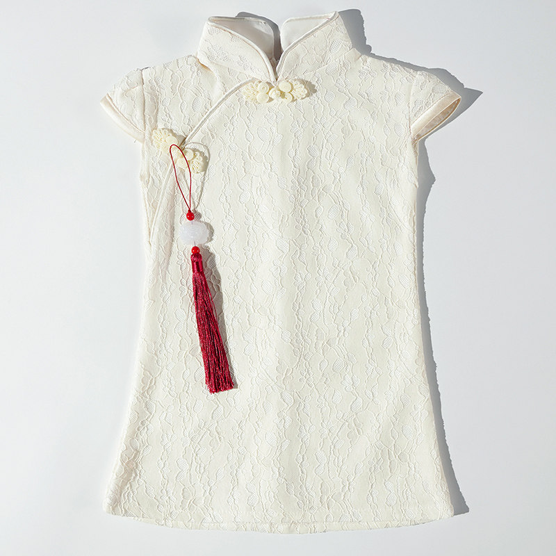 新中式小公主女童旗袍甜美周岁礼服女宝宝生日公主裙米色蕾丝洋气