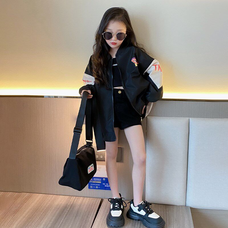 女大童春装外套2025新款洋气时髦网红炸街中长款宽松拼色棒球服潮