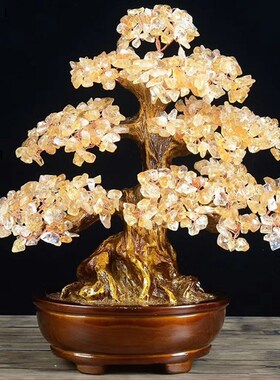 天然黄水晶发财树摇钱树摆件手工编织招财乔迁新居客厅送礼装饰品