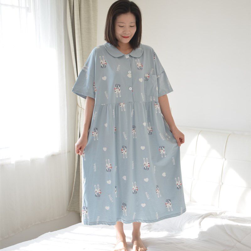 200斤卡通兔兔孕妇睡裙女胖MM夏季加肥大码短袖长款纯棉家居睡袍