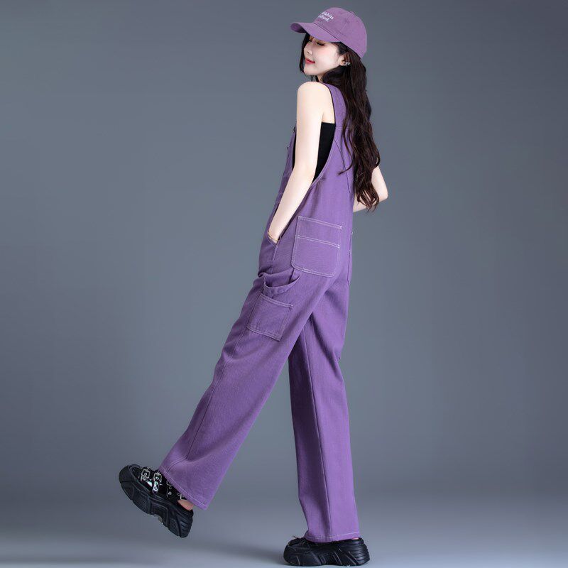 紫色牛仔裤背带裤女2024新款春秋网红减龄小个子直筒工装裤阔腿裤