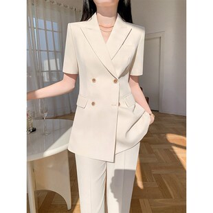 米色夏天短袖西装套装女薄款高级感阔腿裤职业休闲西服外套工作服