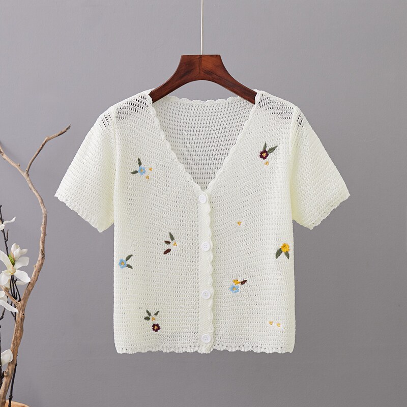 薄款镂空短款针织开衫女夏连衣裙外搭绣花民族风短袖披肩小外套潮