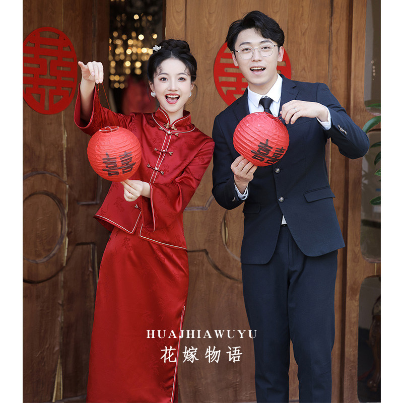 酒红色新娘敬酒服2024新款新中式订婚礼服套装结婚旗袍平时可穿女
