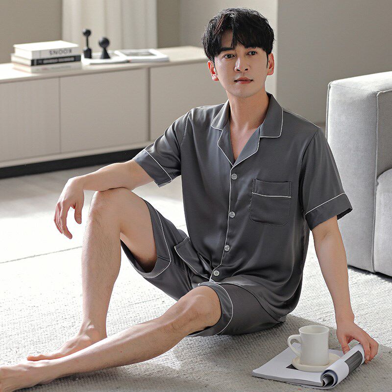 短袖冰丝睡衣男大码高级感薄款男士可外穿短裤夏季丝绸家居服套装