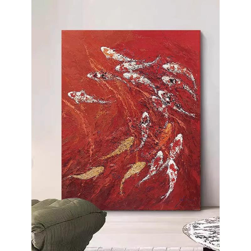 中国红色新中式客厅装饰画九鱼图聚财肌理感画玄关抽象锦鲤挂壁画