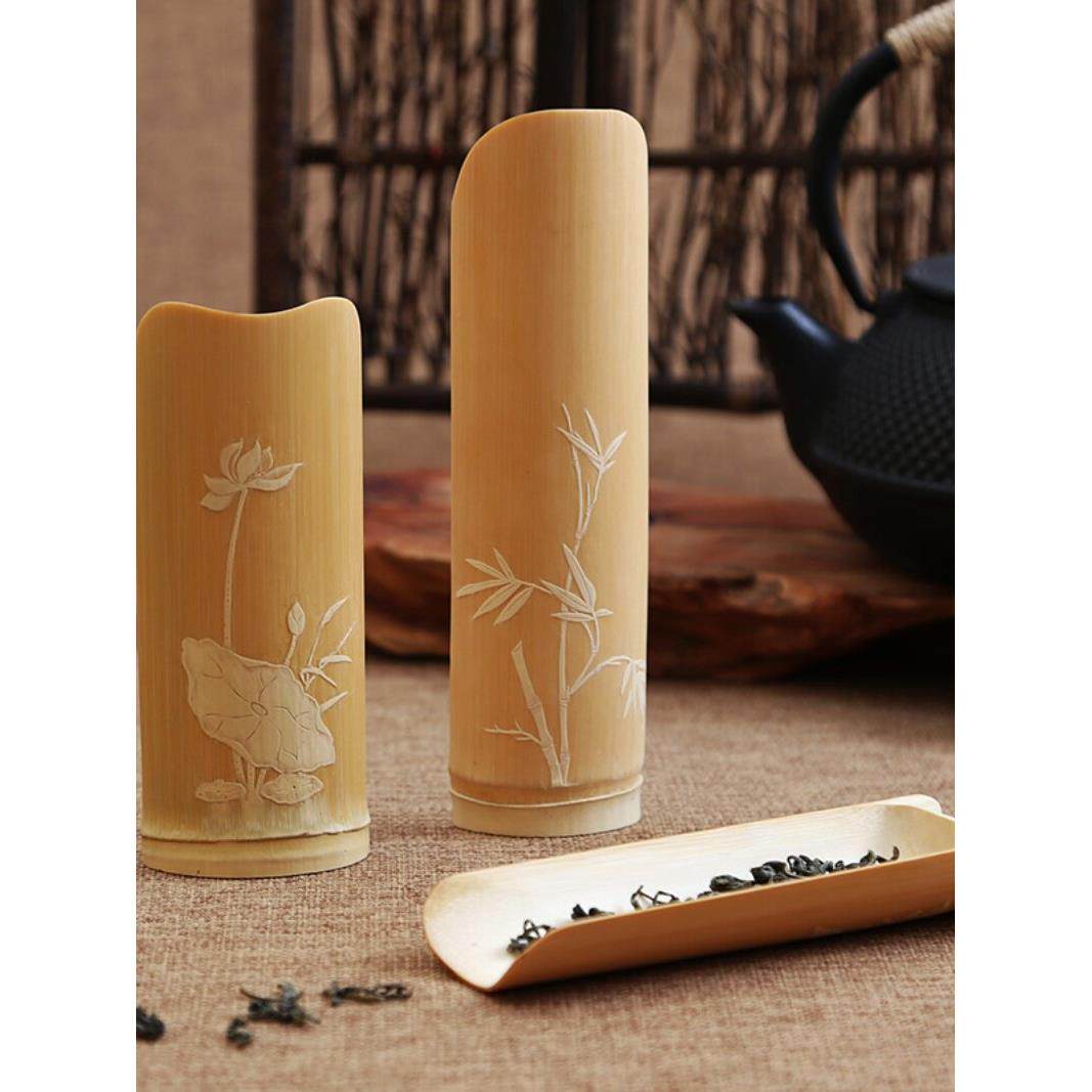 荷花留青雕刻竹茶则 出口韩国孟宗竹制茶勺 手工精美茶具茶铲茶荷