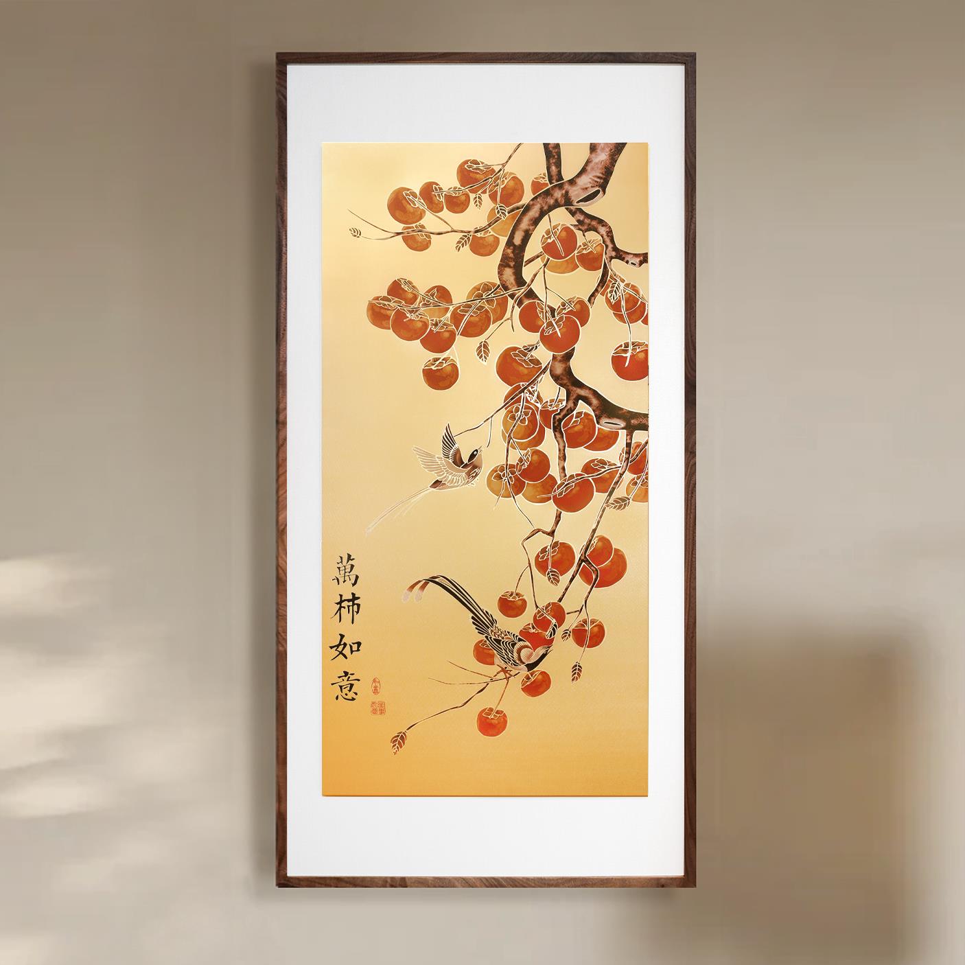 万事如意铜版画玄关装饰画招财客厅走廊挂画高档柿柿如意铜雕画
