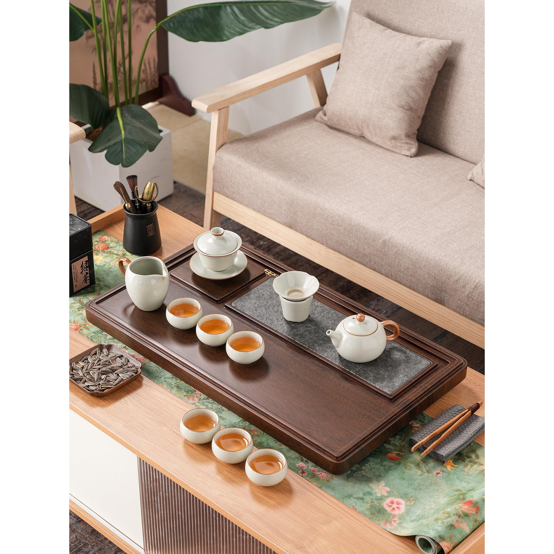 茶盘家用客厅排水茶台乌金石实木干泡台茶托盘功夫茶具套装茶海