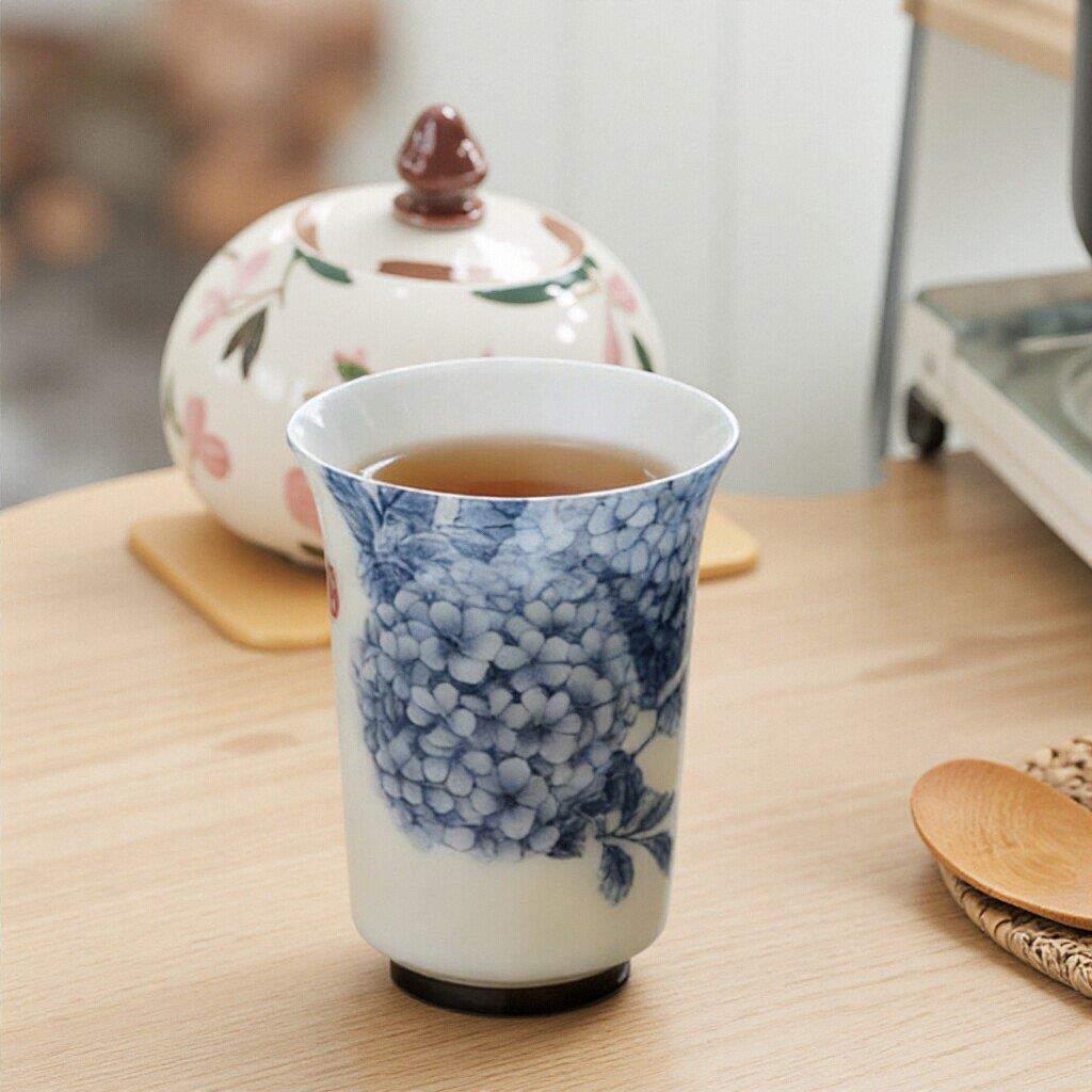青花富贵品茗杯绣球花青花瓷闻香杯茶道配件手工陶瓷茶具品茶杯子