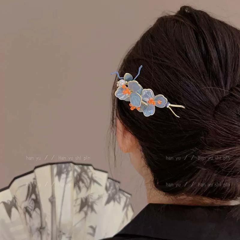 复古百搭！蓝色珐琅花朵发簪！汉服古装珍珠发钗时尚烧蓝盘发簪子