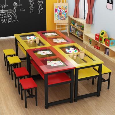 幼儿园小学生手工桌培训班书法美术绘画桌钢化玻璃桌画室桌椅组合