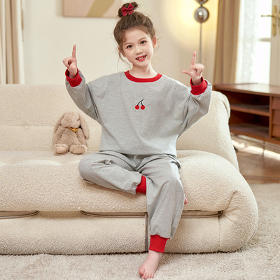 儿童春秋睡衣套装2024新款圆领女童G条纹家居服纯棉女孩长袖空调