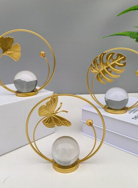 北欧金色银杏龟背叶金属水晶球桌面酒柜玄关树叶装饰工艺品摆件
