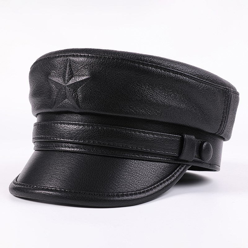 秋冬季真皮帽子男女山羊皮韩版机车鸭舌平顶帽户外V保暖报童船长