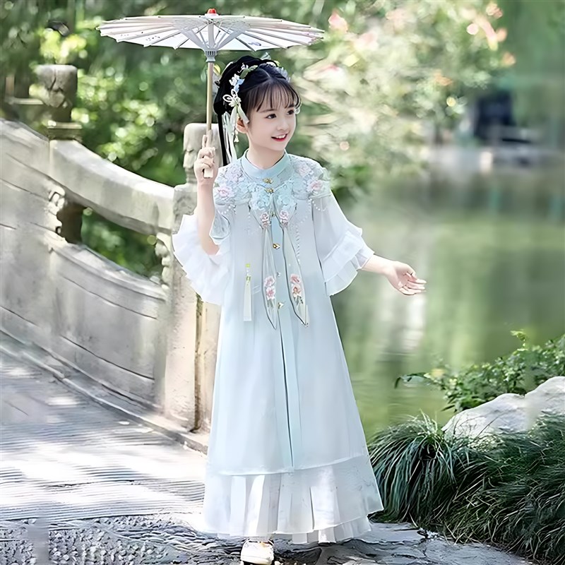 汉服女童夏季新款明制中国风云肩C套装小女孩超仙气重工刺绣公主